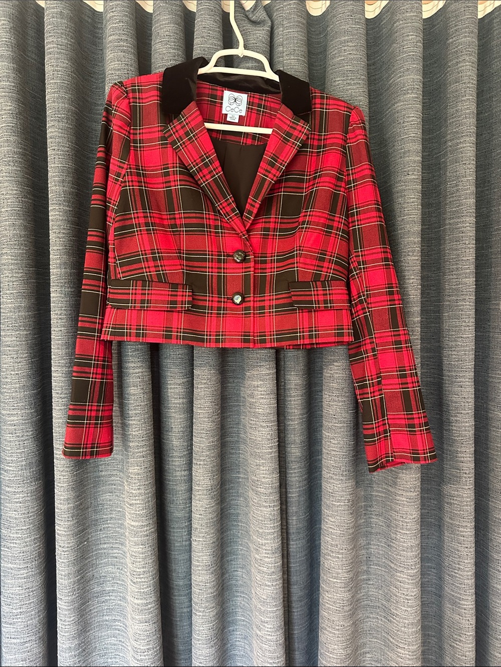 CeCe  Red and Black Plaid Cropped Blazer with Black Velvet Trim